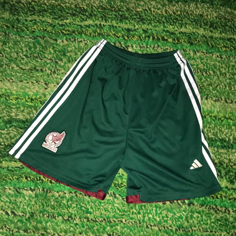 Adidas Mexico Soccer Men’s Green Athletic Shorts with White Stripes